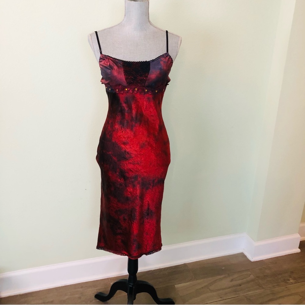 Y2K BEBE Satin & Lace Sequin slip Tie-dye Crape material dress XS EC.